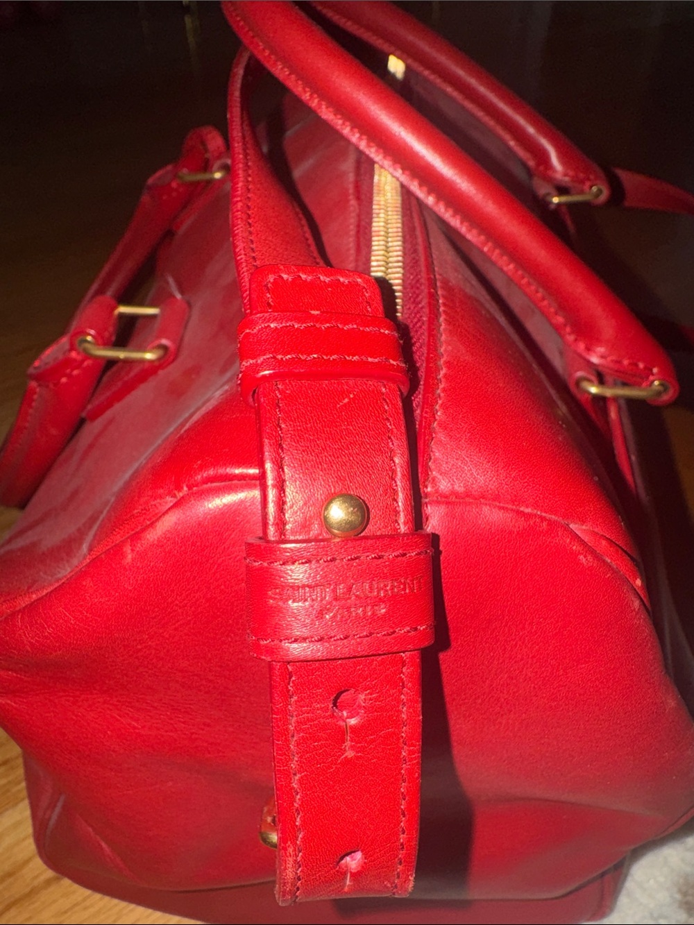 Saint Laurent Red Leather Bowling Satchel with Top Handles - Picture 2 of 5
